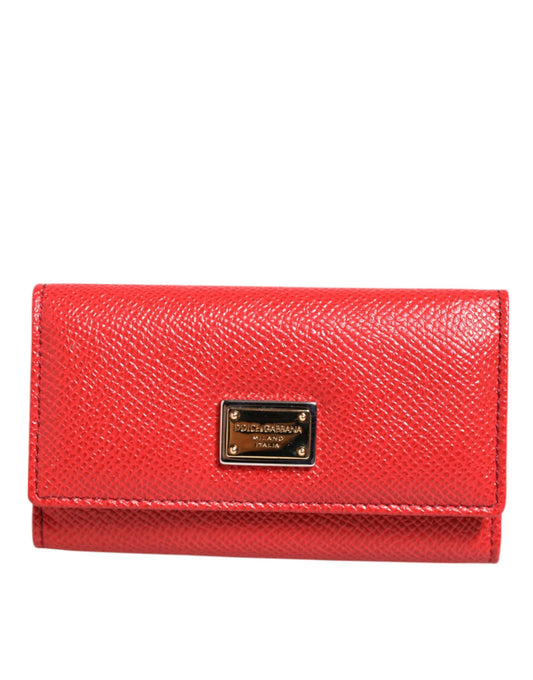 Red Leather Silver Metal Logo Plaque Trifold Key Holder