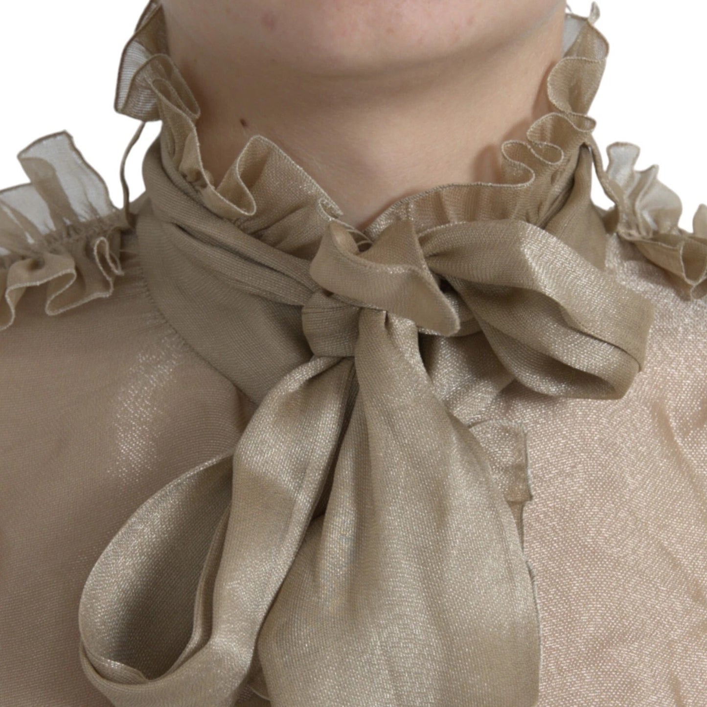 Gold Ascot Collar Ruffles Blouse Top