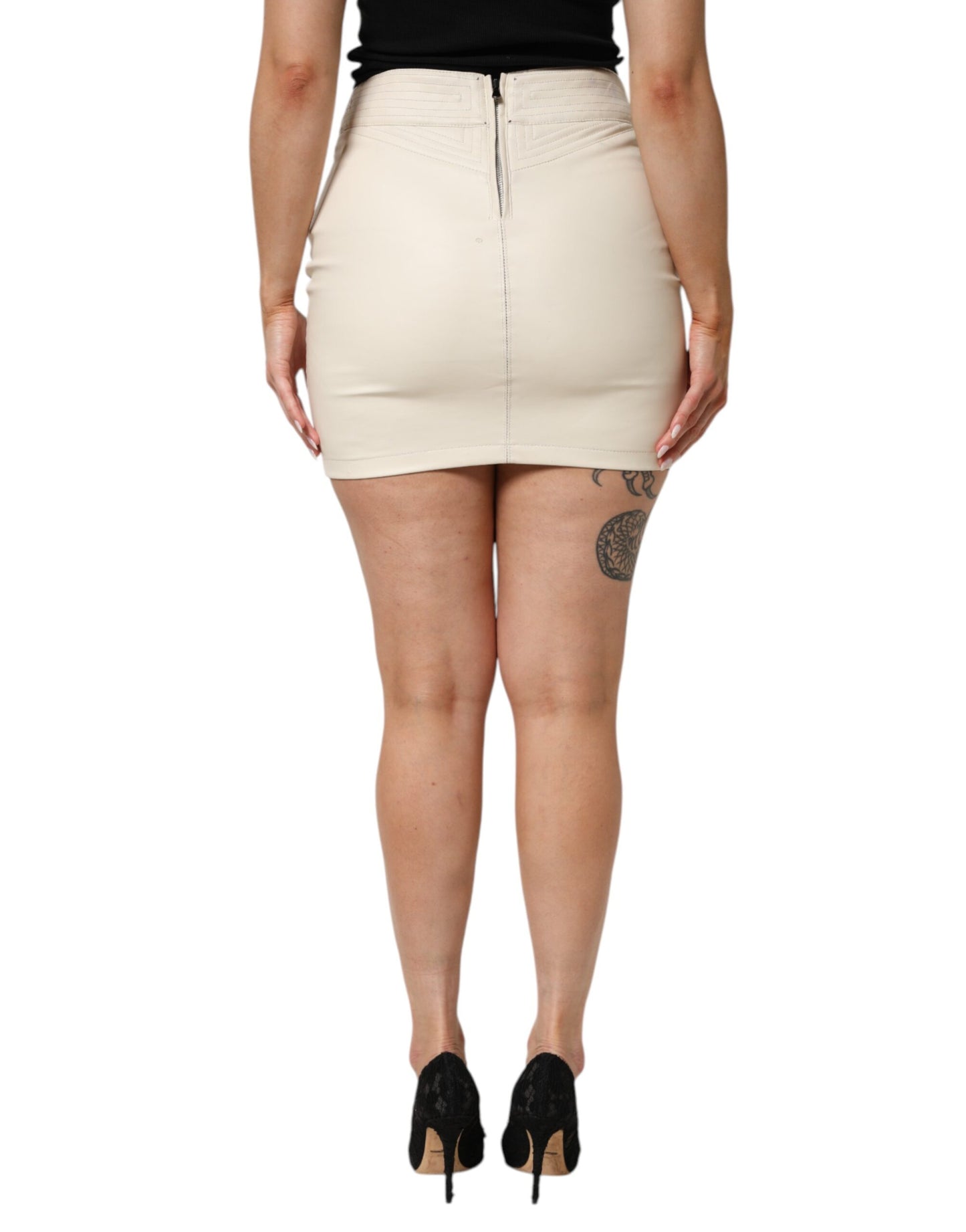 Beige Faux Leather Quilted Mini High Waist Women Skirt