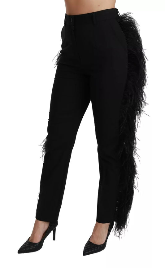 Black Feather Straight High Waist Pants
