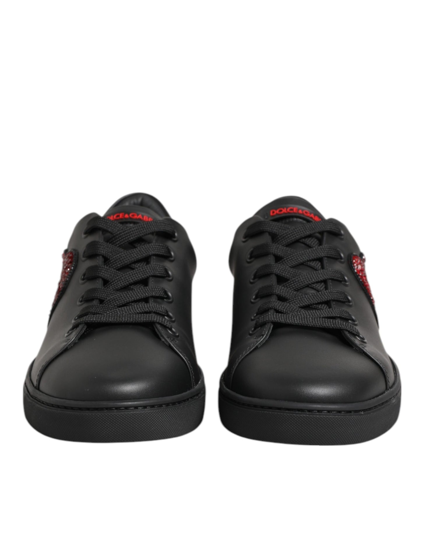 Black Leather Crystal Heart Low Top Sneakers Shoes
