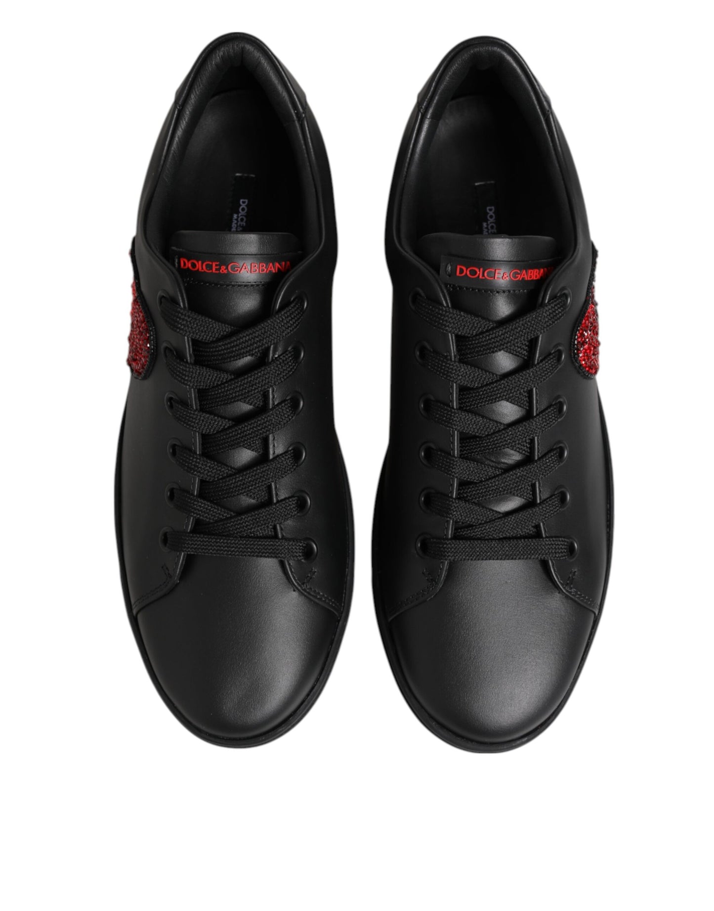 Black Leather Crystal Heart Low Top Sneakers Shoes