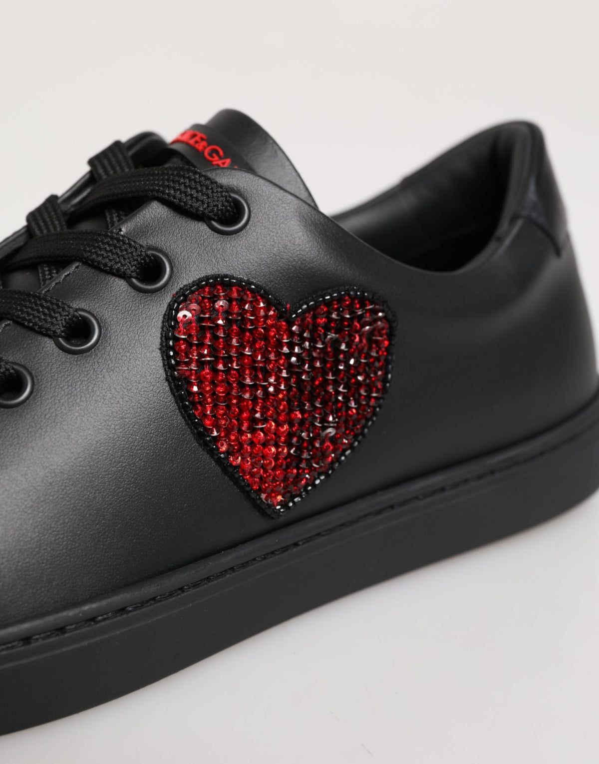 Black Leather Crystal Heart Low Top Sneakers Shoes