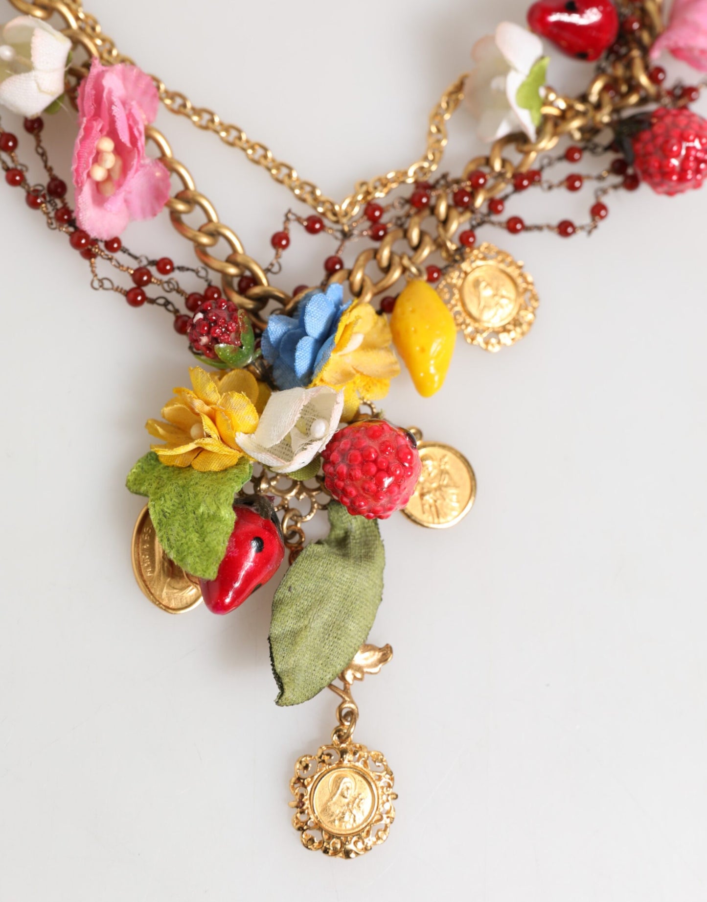 Estate Multicolor Floral Fruit Gold Chain Statement Necklace