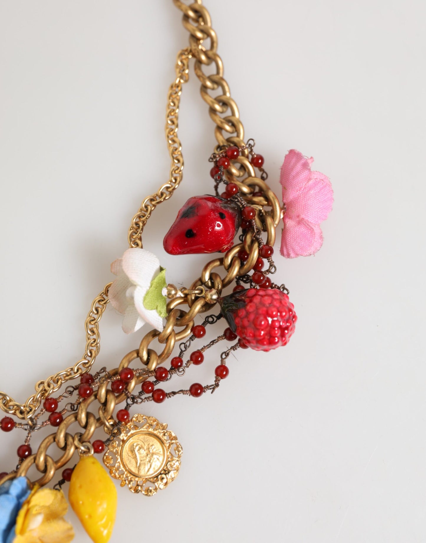 Estate Multicolor Floral Fruit Gold Chain Statement Necklace