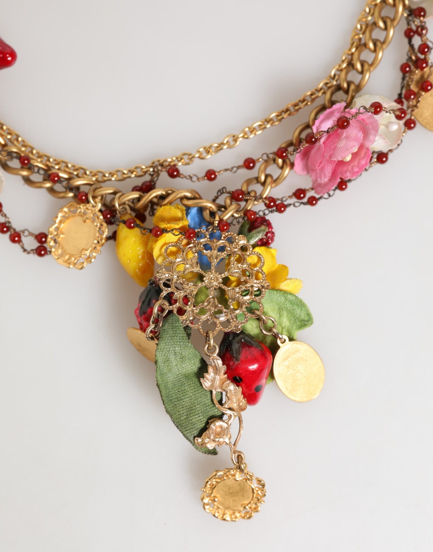 Estate Multicolor Floral Fruit Gold Chain Statement Necklace
