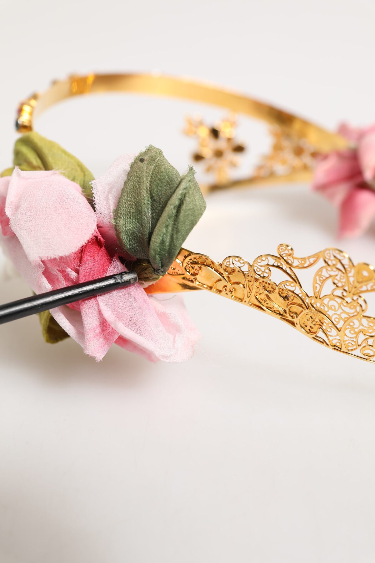 Gold Floral Tiara Pink Roses Crystal Crown Headband