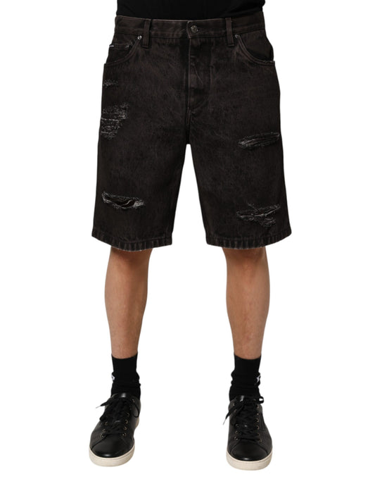 Black Cotton Tattered Denim Men Bermuda Short