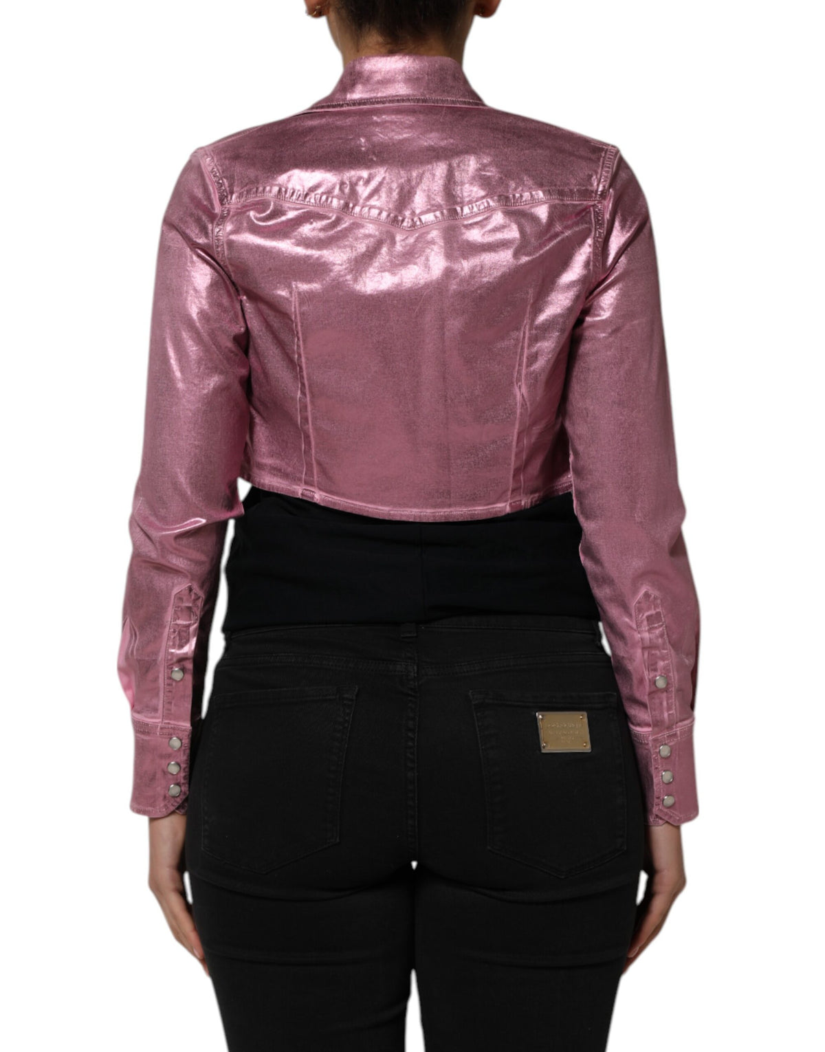 Pink Cotton Stretch Collared Cropped Jacket