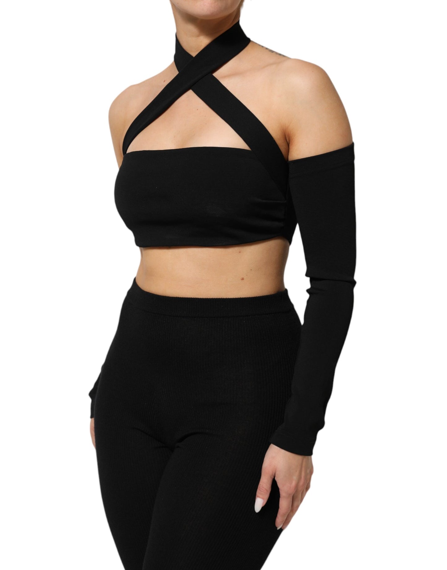 Black Viscose Halter Off Shoulder Cropped Top