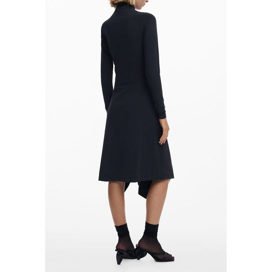 Black Cotton Women's Dress with Turtleneck and Long Sleeves