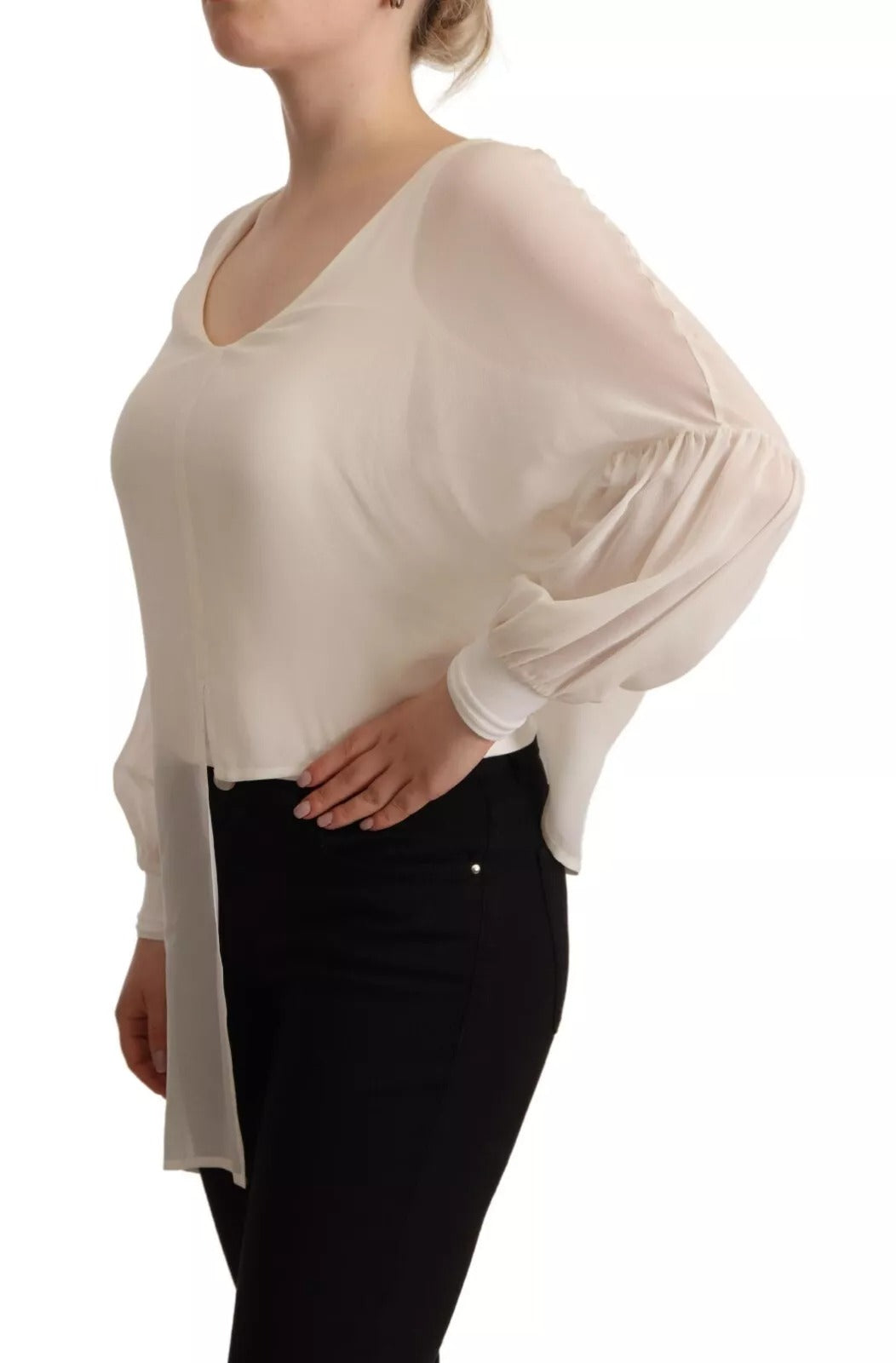 Off White Silk Long Sleeves Deep Vneck Top