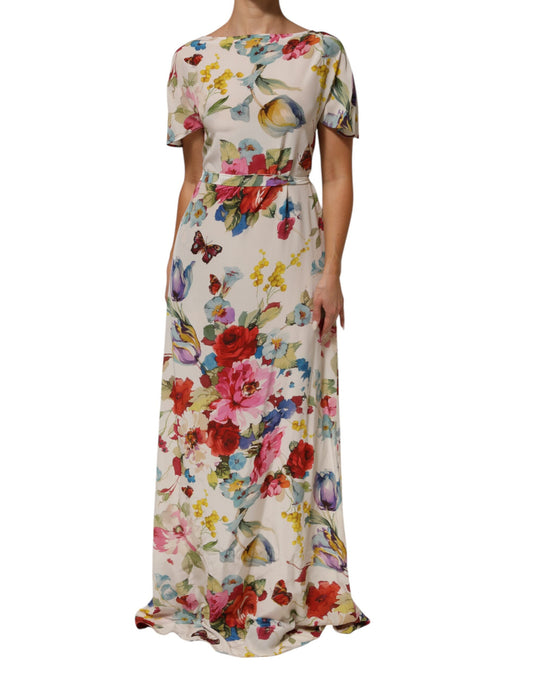 White Floral Print Silk Sheath LongGown Dress