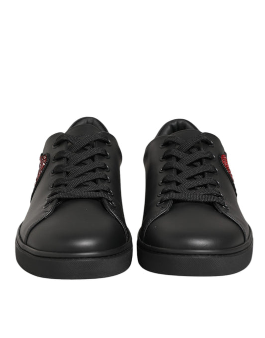 Black Leather Crystal Heart Sneakers Shoes