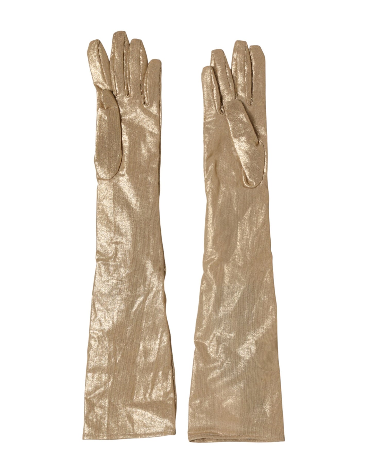 Beige Satin Crystal Elbow Length Mitten Gloves
