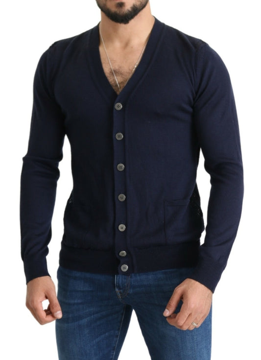 Wool Blue Full Button Cardigan Mens Top Sweater