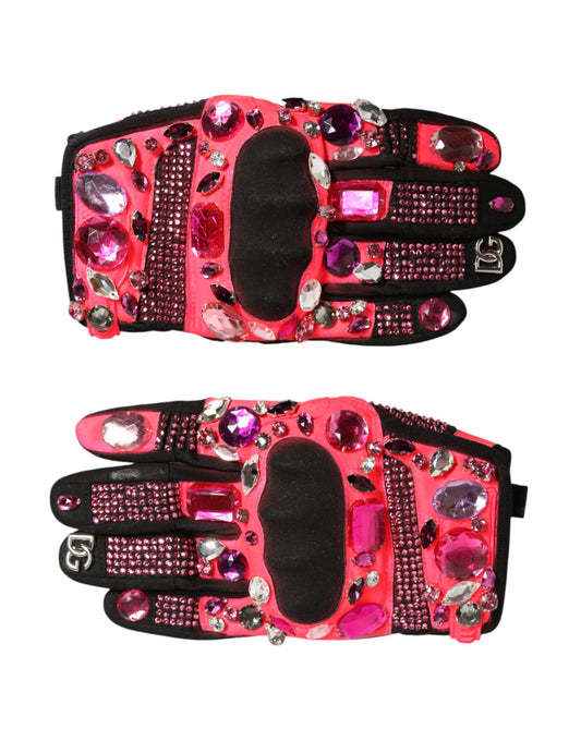 Black Pink Crystal Wrist Length Mitten Gloves