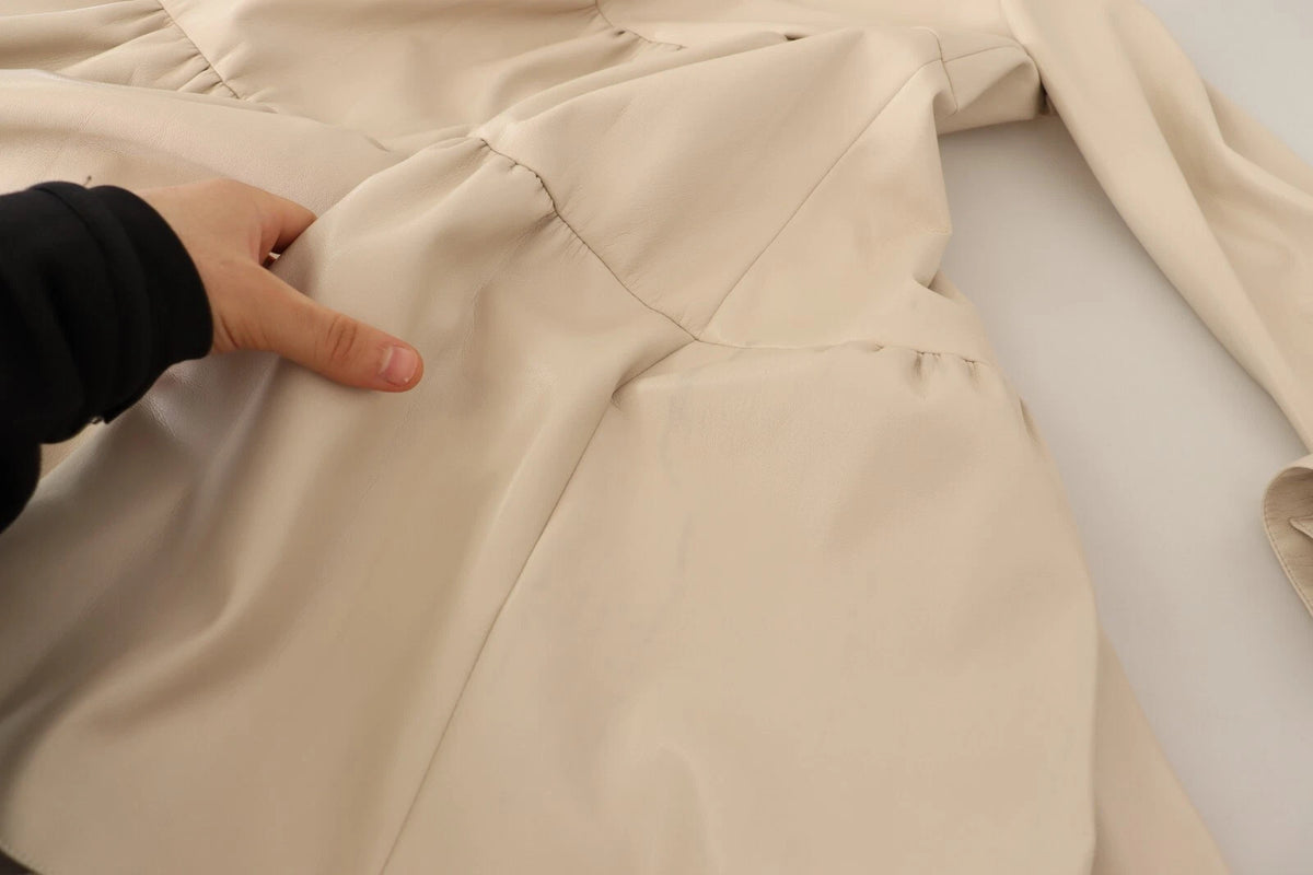 Leather Beige Long Sleeves Collared A-line Mini Dress