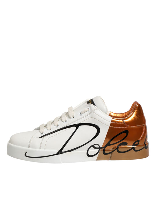 White Brown Leather Low Top Sneakers Shoes