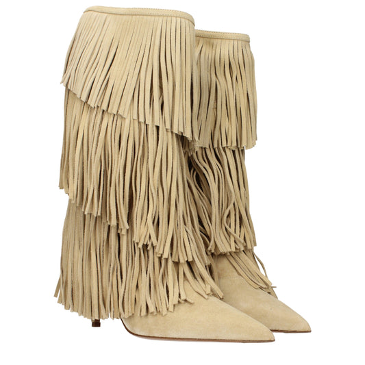 Beige Leather Flat Boots