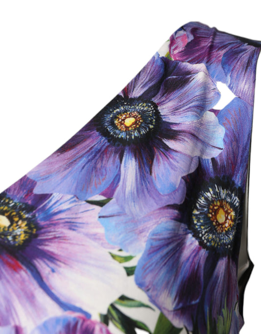 Purple Anemone Print Pleated Midi Dress