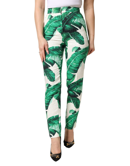 White Green Leaf High Waist Trousers Pants
