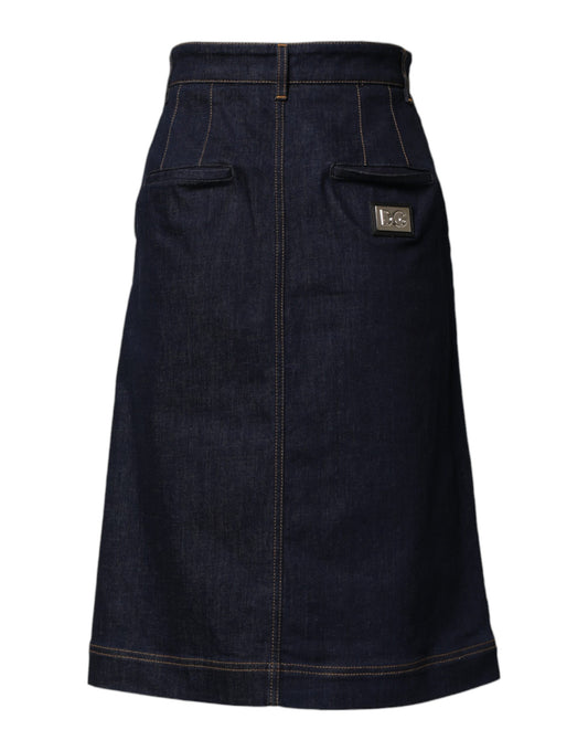Dark Blue Cotton A-line Denim Midi Skirt