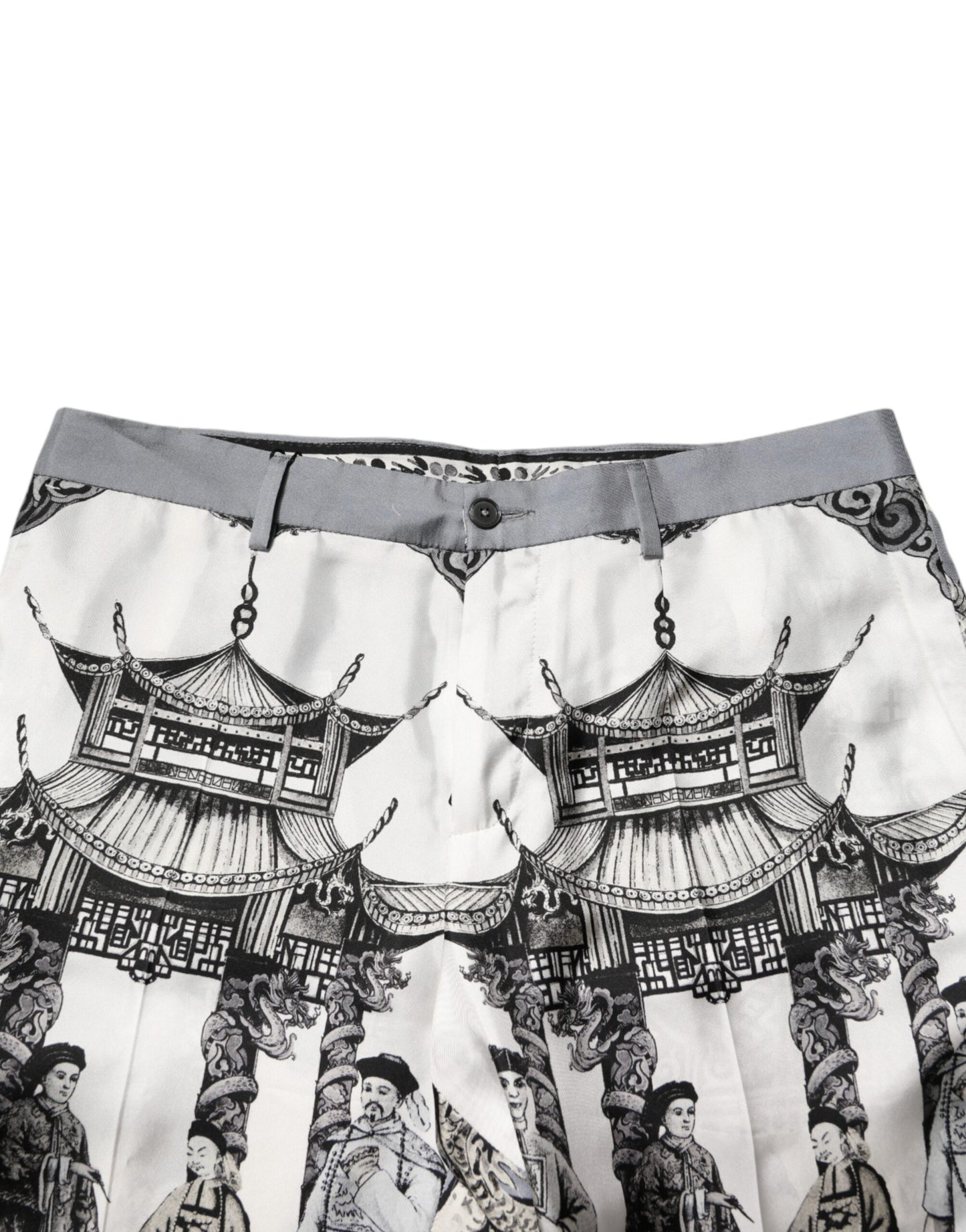 White Japanese Asian Print Silk Bermuda Shorts