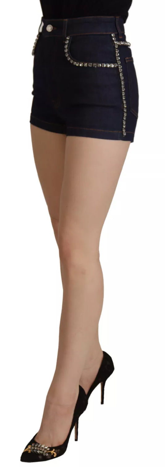 Blue Denim Stretch Crystal Hot Pants Shorts