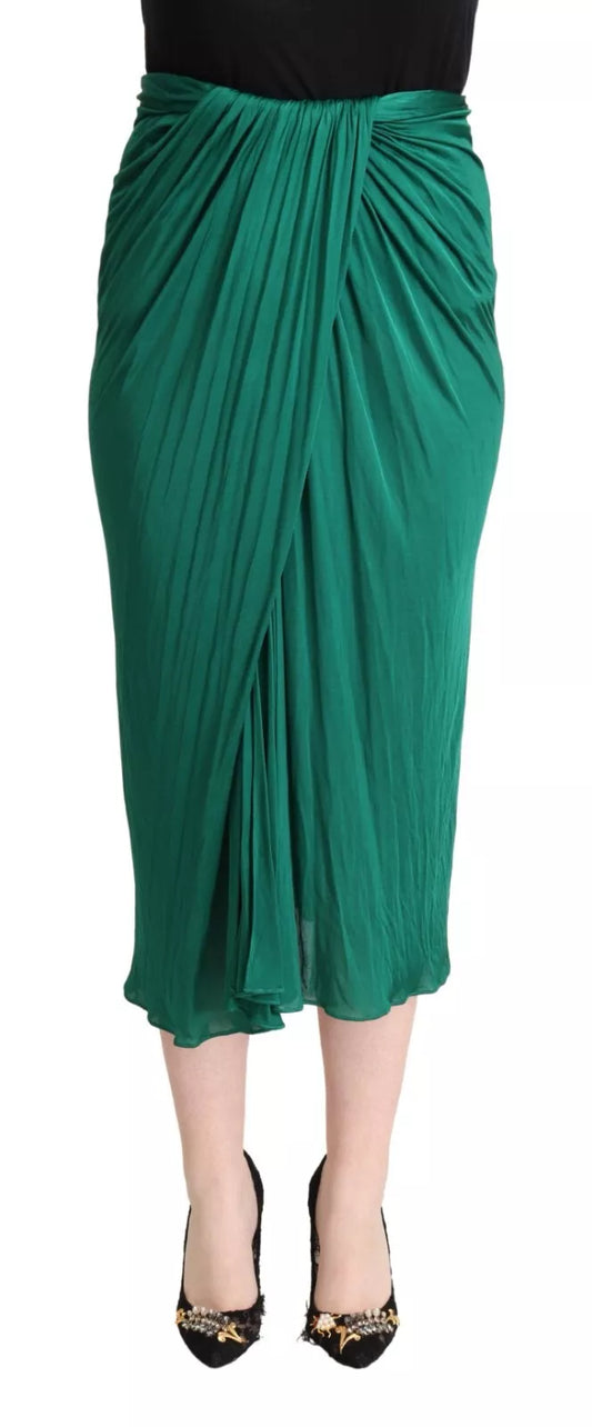 Dark Green High Waist Midi Skirt Pencil Cut Pleated