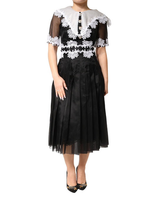 Black White Silk Macrame Lace Midi Dress