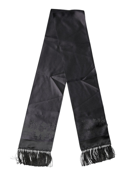 Black Satin Silk Fringes Neck Foulard Scarf