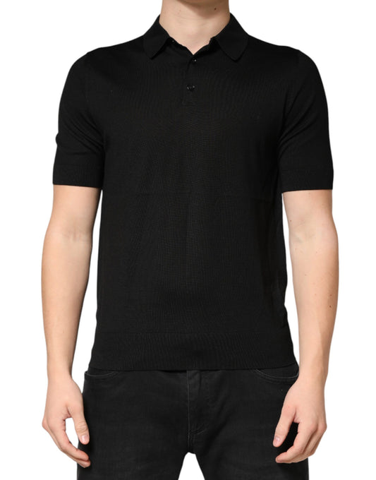 Black Silk Collared Short Sleeve Polo T-shirt