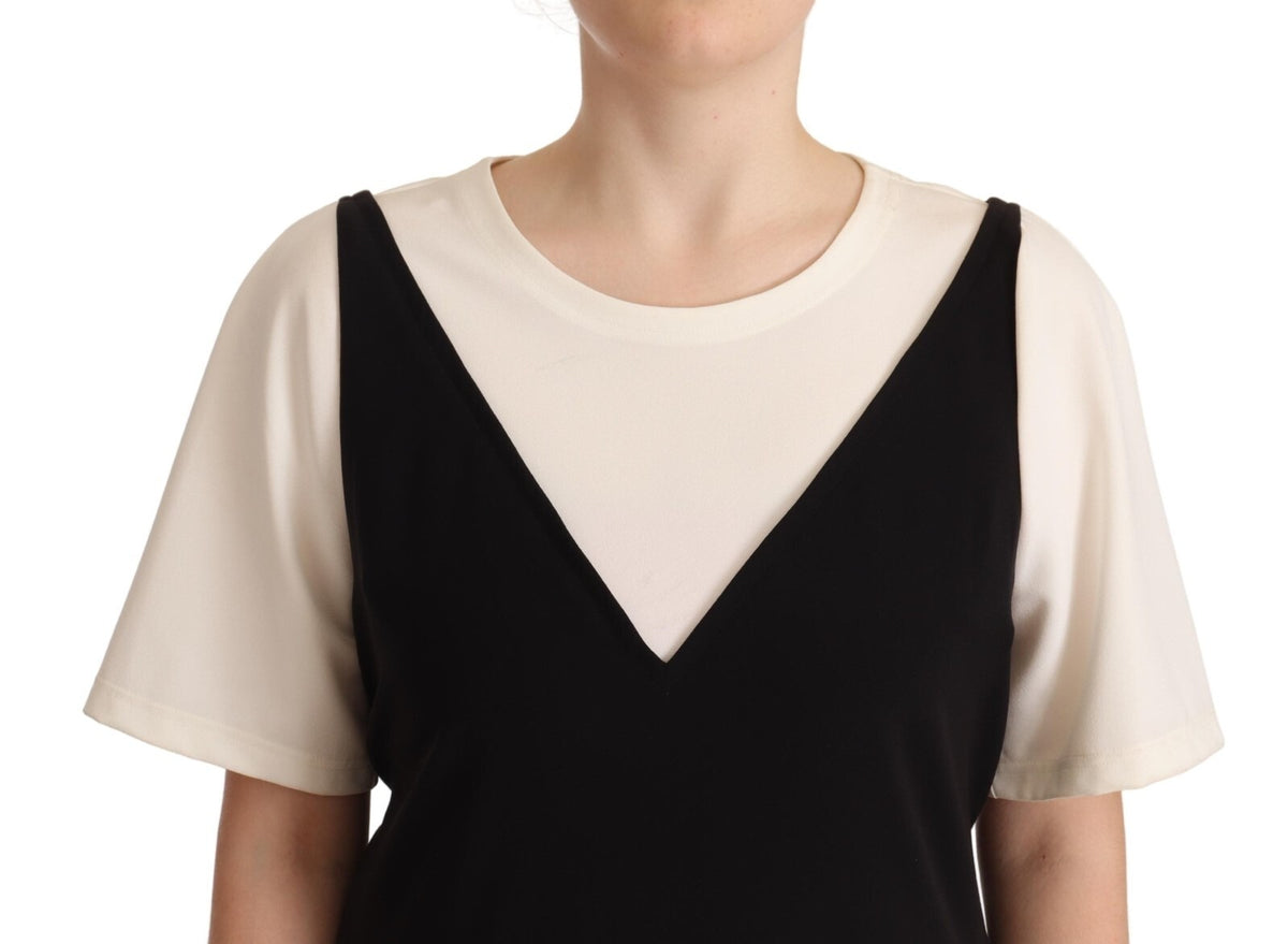 Black White Polyester Short Sleeves Top Blouse