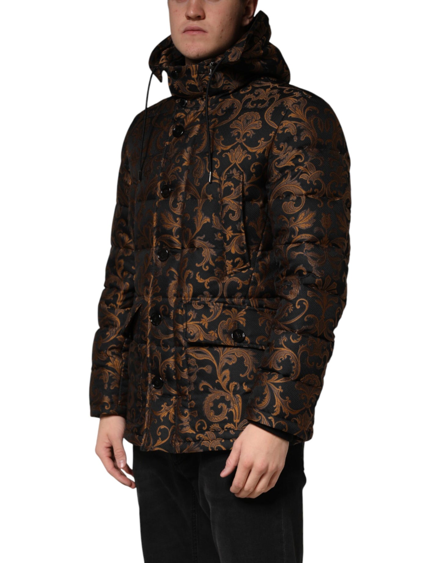 Black Floral Jacquard Quilted Hooded Jacket