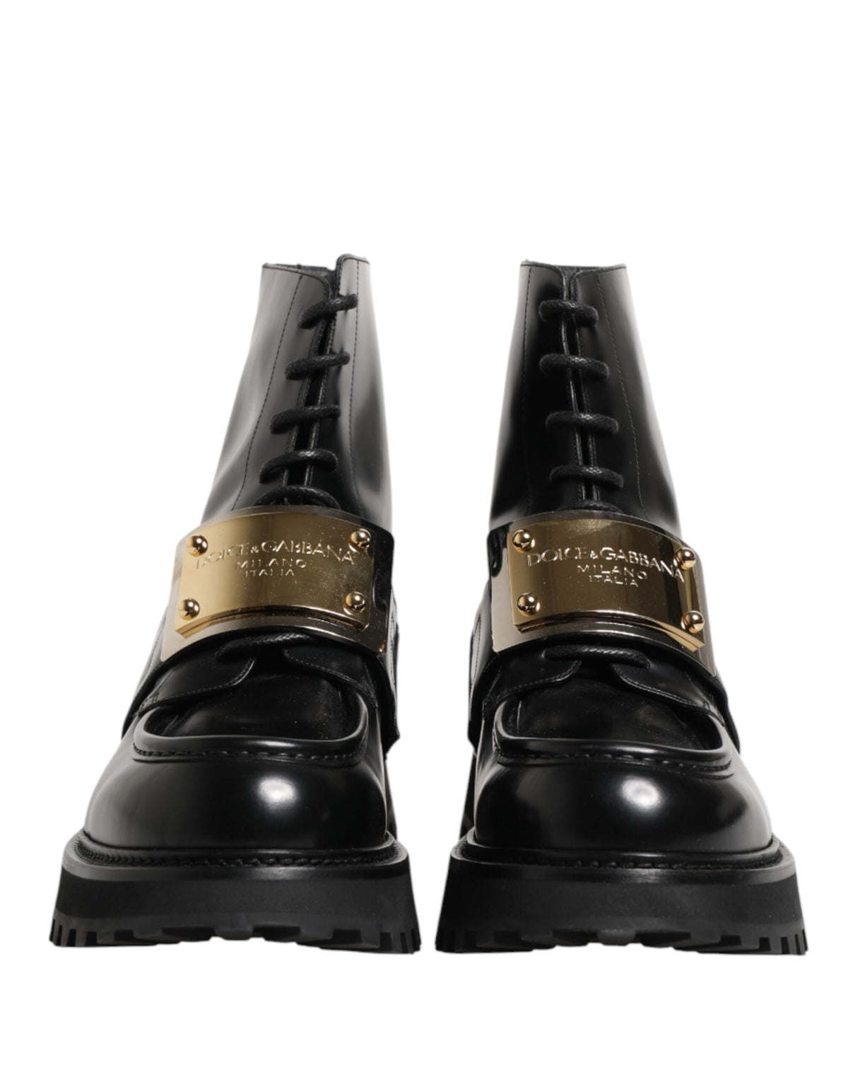 Black Leather DG Plaque Lace Up Boots Shoes