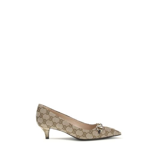 Beige Fabric Mid Heel Pumps