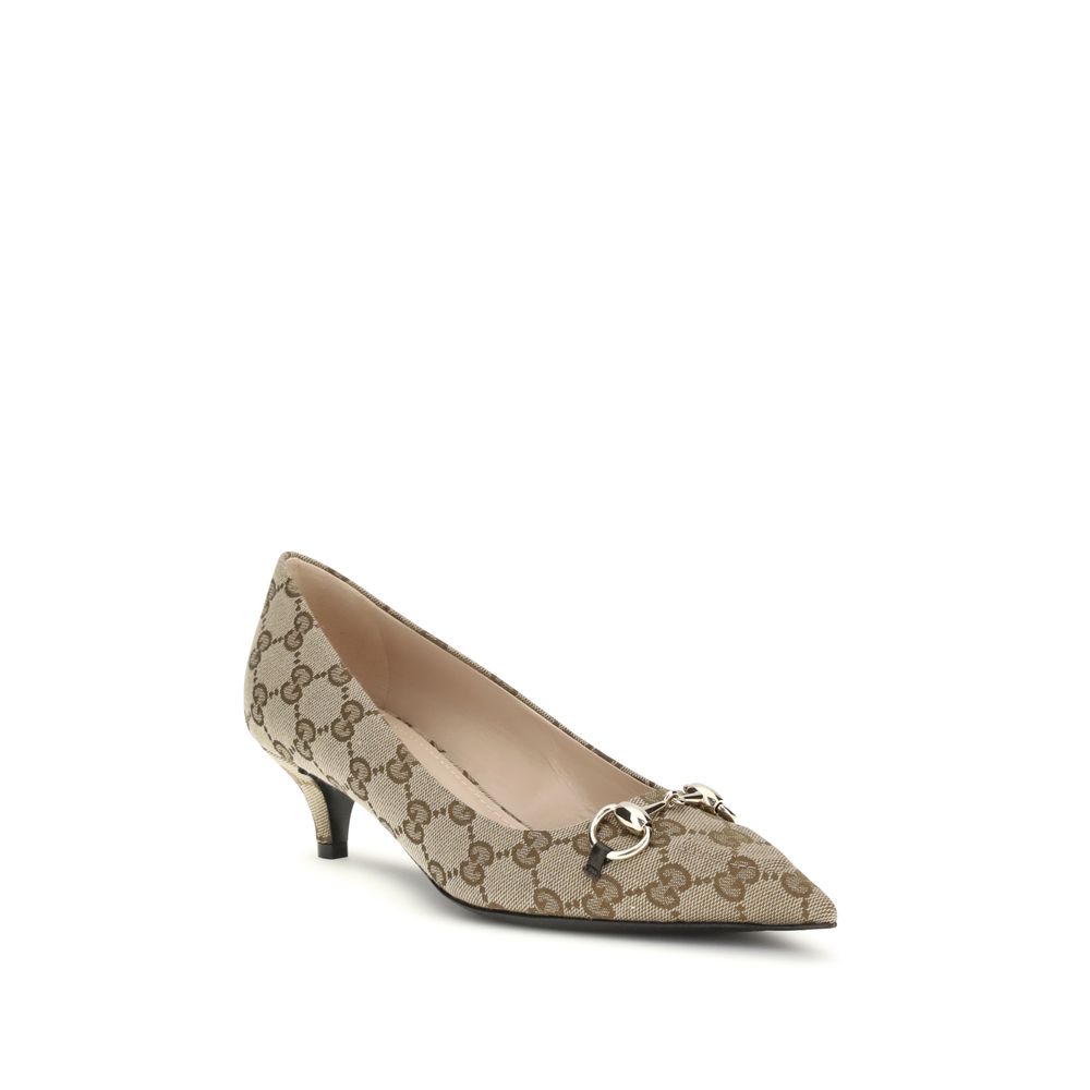 Beige Fabric Mid Heel Pumps