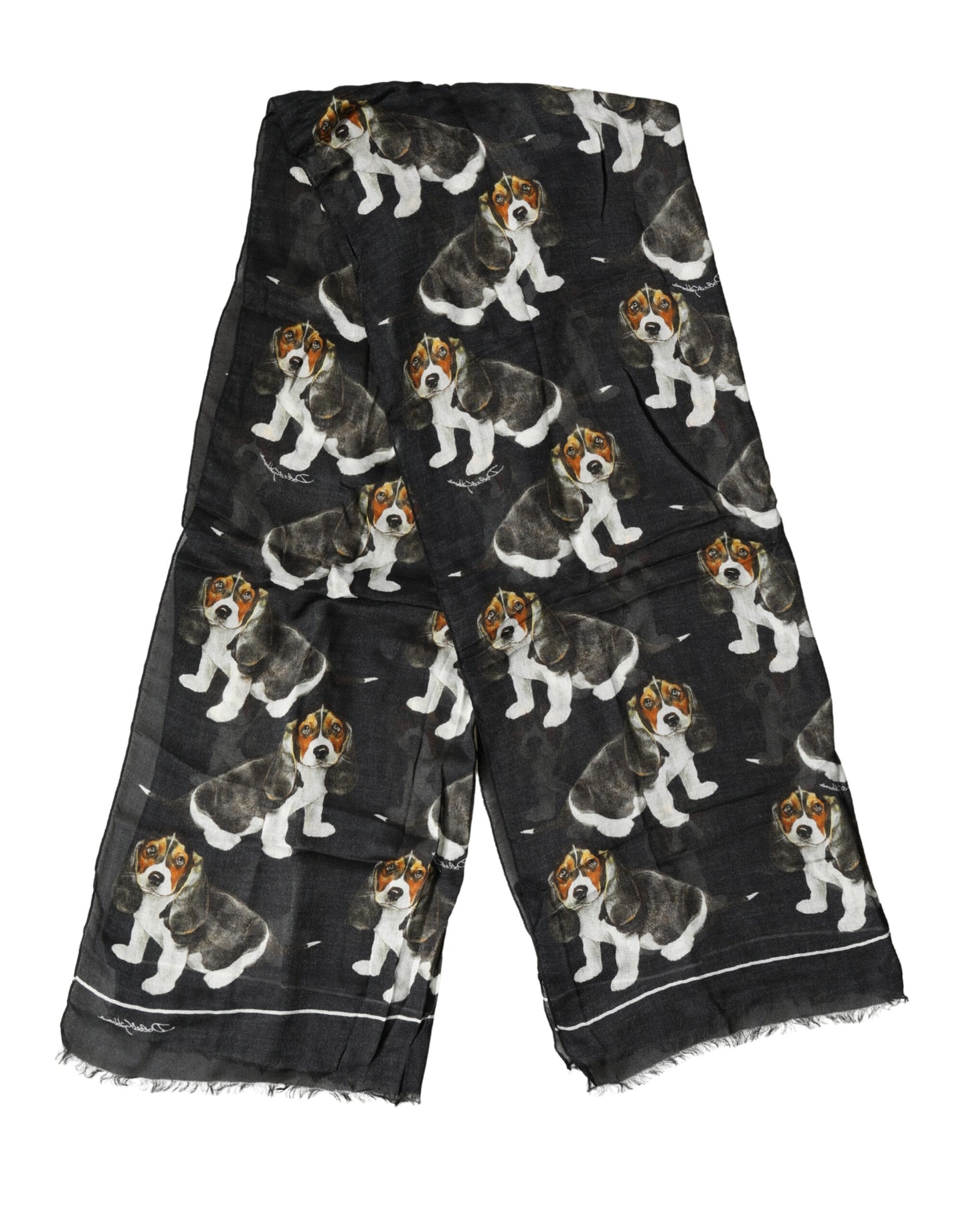 Black Modal Wool Dog Print Fringed 178cm x 64cm Scarf