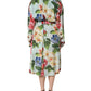 Green Floral Silk Wrap Midi Long Sleeve Dress
