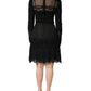 Black Lace Sheer Panel Midi Long Sleeve  Dress