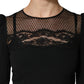 Black Lace Sheer Panel Midi Long Sleeve  Dress