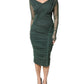 Green Ruched Mesh Sheer Sleeves Midi Dress