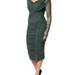 Green Ruched Mesh Sheer Sleeves Midi Dress