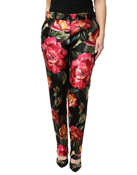Black Floral Silk Mid Waist Tailored Trousers Pants