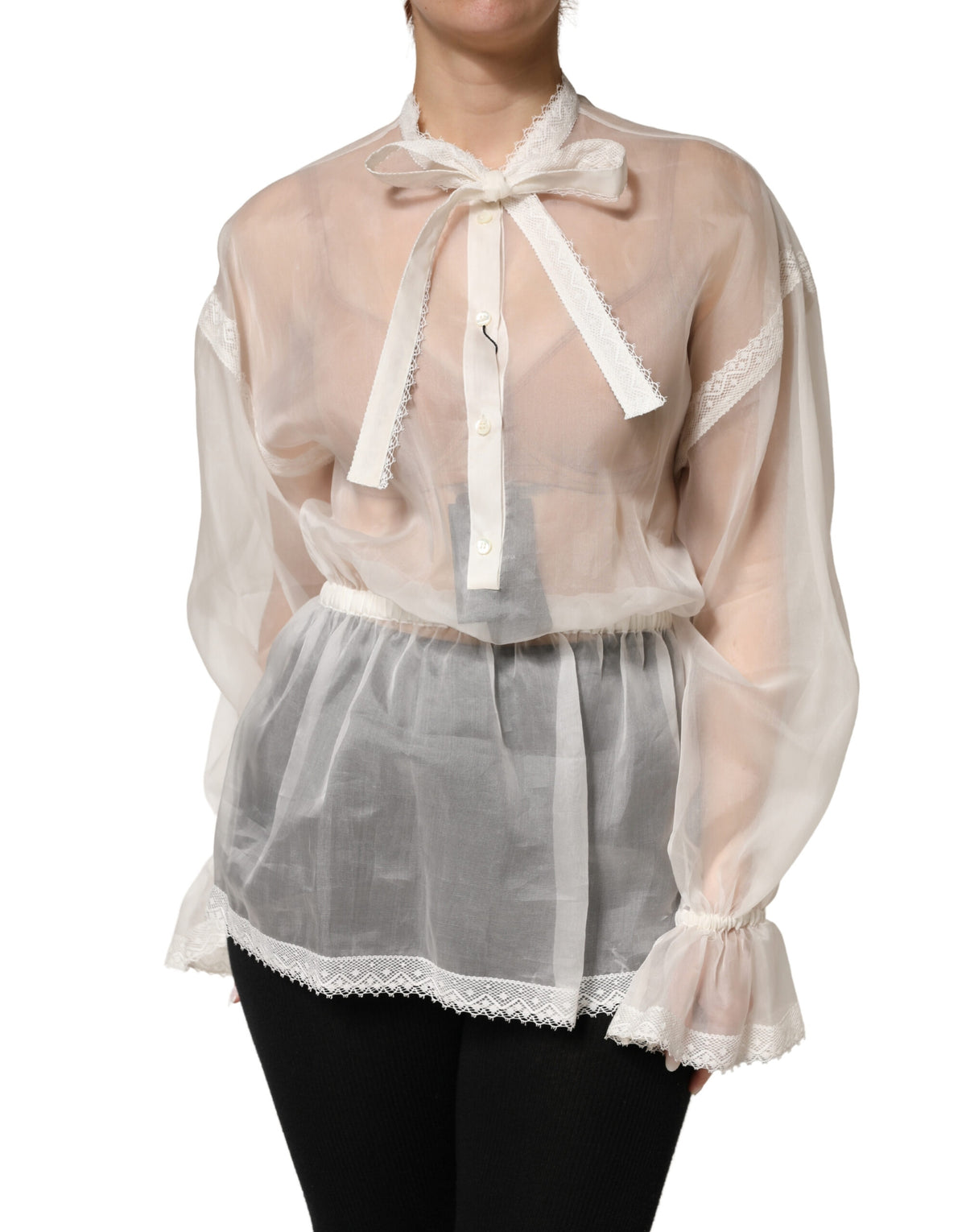 White Sheer Silk Blouse Lace Bow Tie Blouse Top