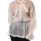 White Sheer Silk Blouse Lace Bow Tie Blouse Top