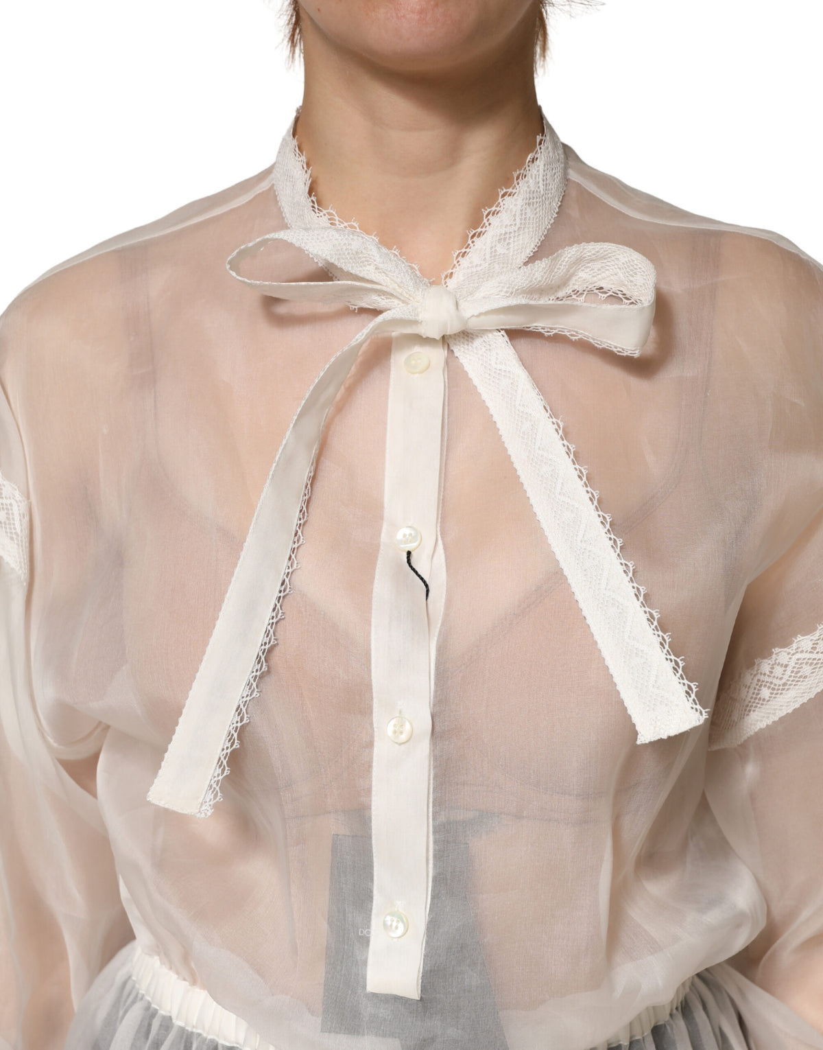White Sheer Silk Blouse Lace Bow Tie Blouse Top