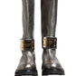 Metallic Silver Leather Mid Calf Boots Shoes