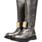 Metallic Silver Leather Mid Calf Boots Shoes